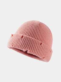 Distressed Cuffed Knit Hat pink