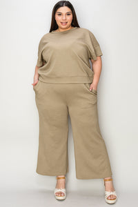 Waffle Texture Short Sleeve Top and Pants Set tan front view plus size