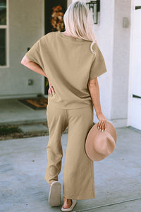 Waffle Texture Short Sleeve Top and Pants Set tan back view
