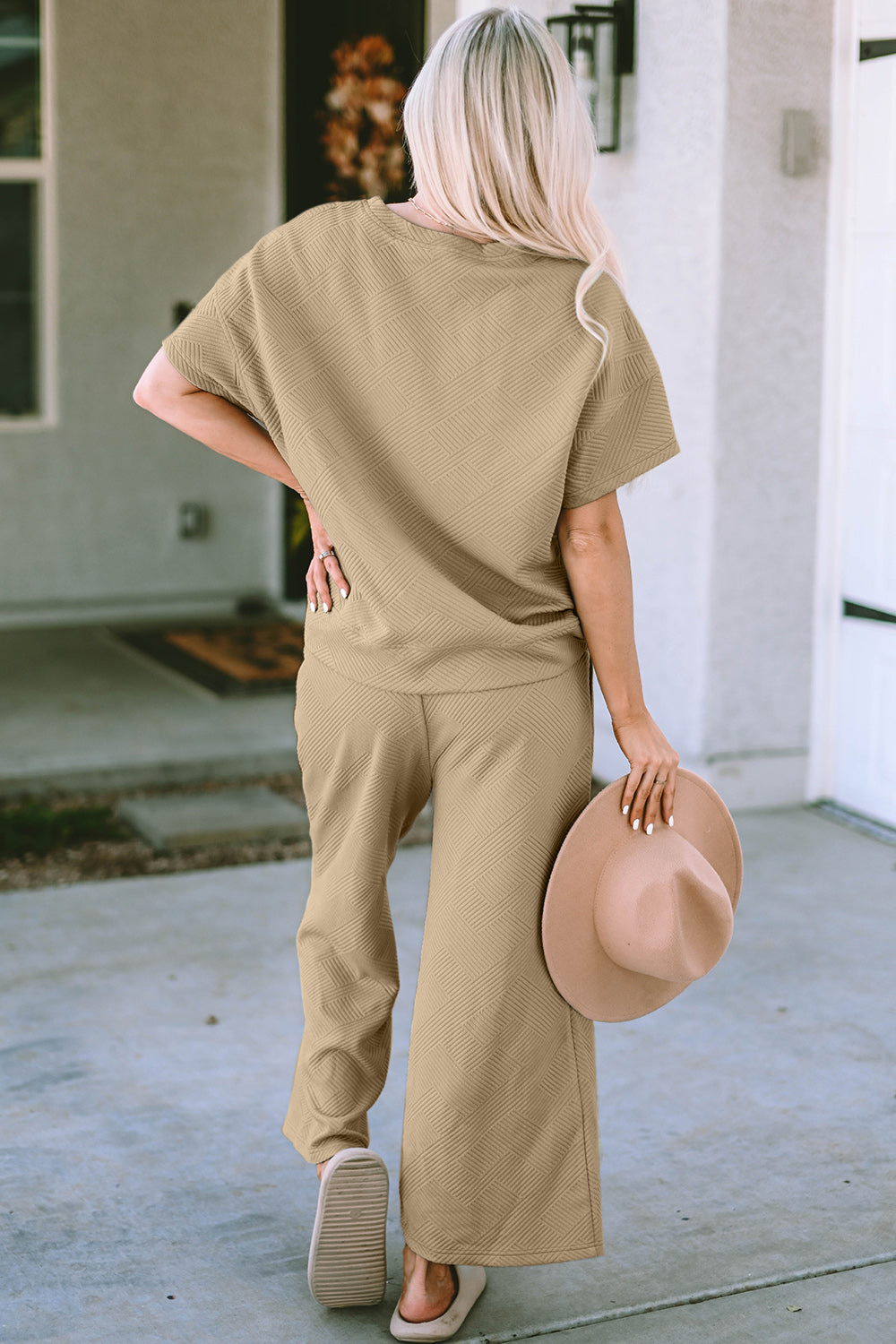 Waffle Texture Short Sleeve Top and Pants Set tan back view