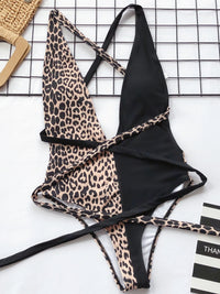 Tied Leopard Plunge One-Piece Swimsuit leopard/black print front flat view high waist styled
