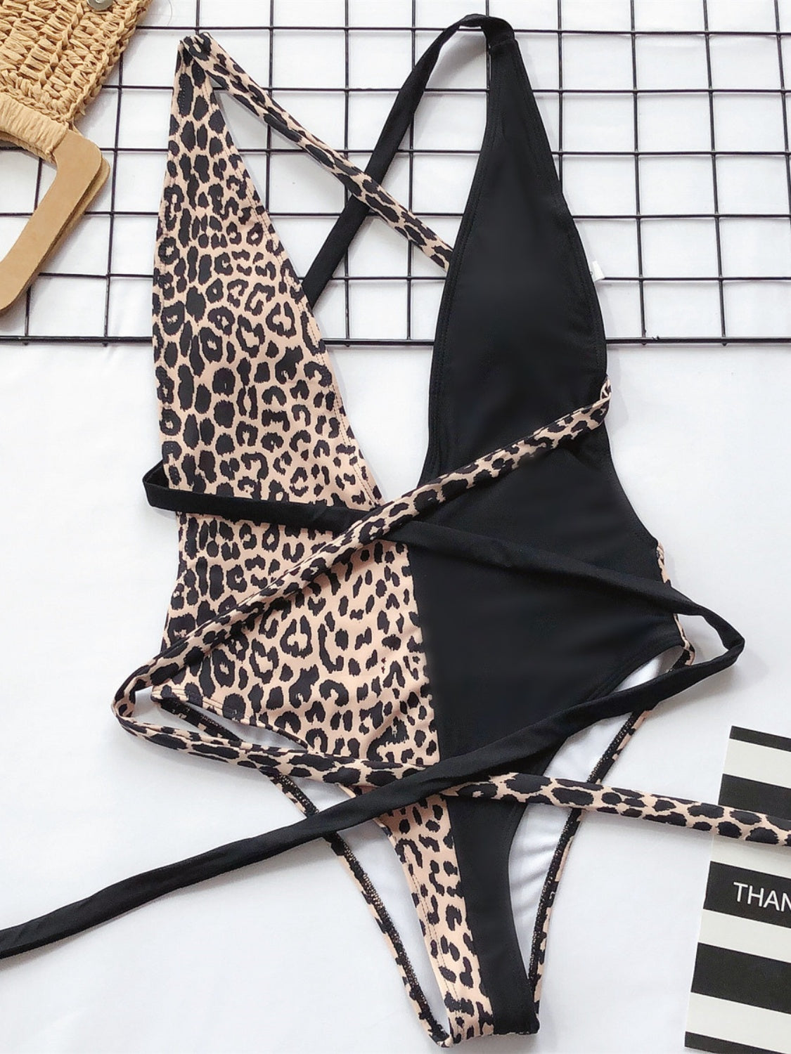Tied Leopard Plunge One-Piece Swimsuit leopard/black print front flat view high waist styled