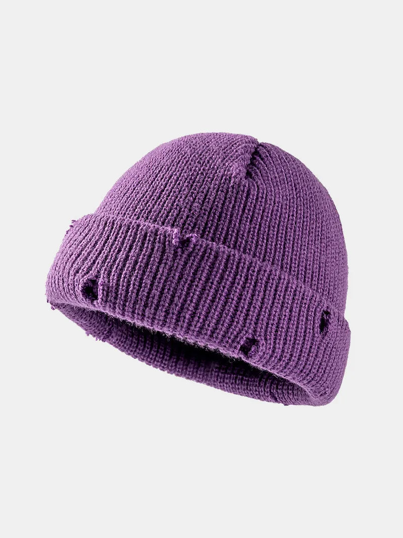 Distressed Cuffed Knit Hat purple