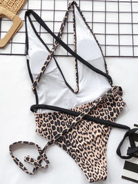 Tied Leopard Plunge One-Piece Swimsuit leopard/black print inside view high waist styled