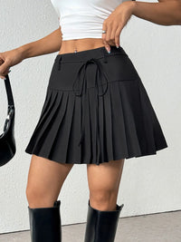 Tied Pleated Mini Skirt black front view