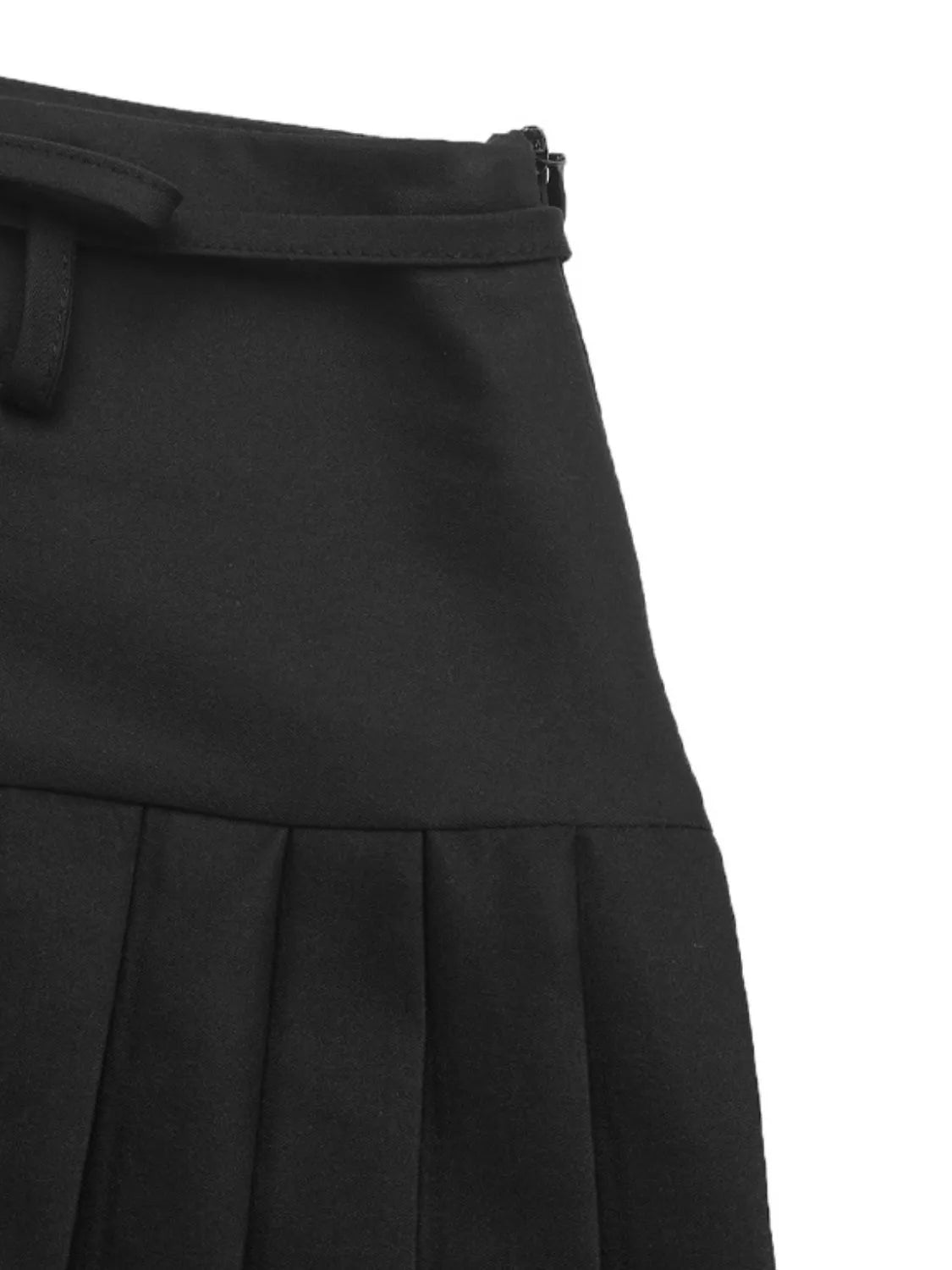 Tied Pleated Mini Skirt black front view waist zip closure