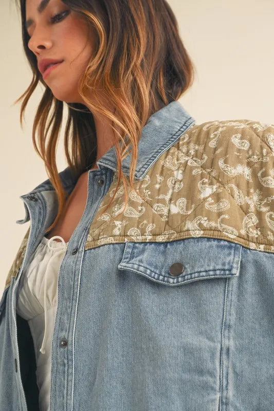 Quilted Paisley Print Denim Jacket front view styled up close
