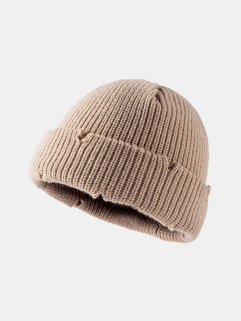Distressed Cuffed Knit Hat tan