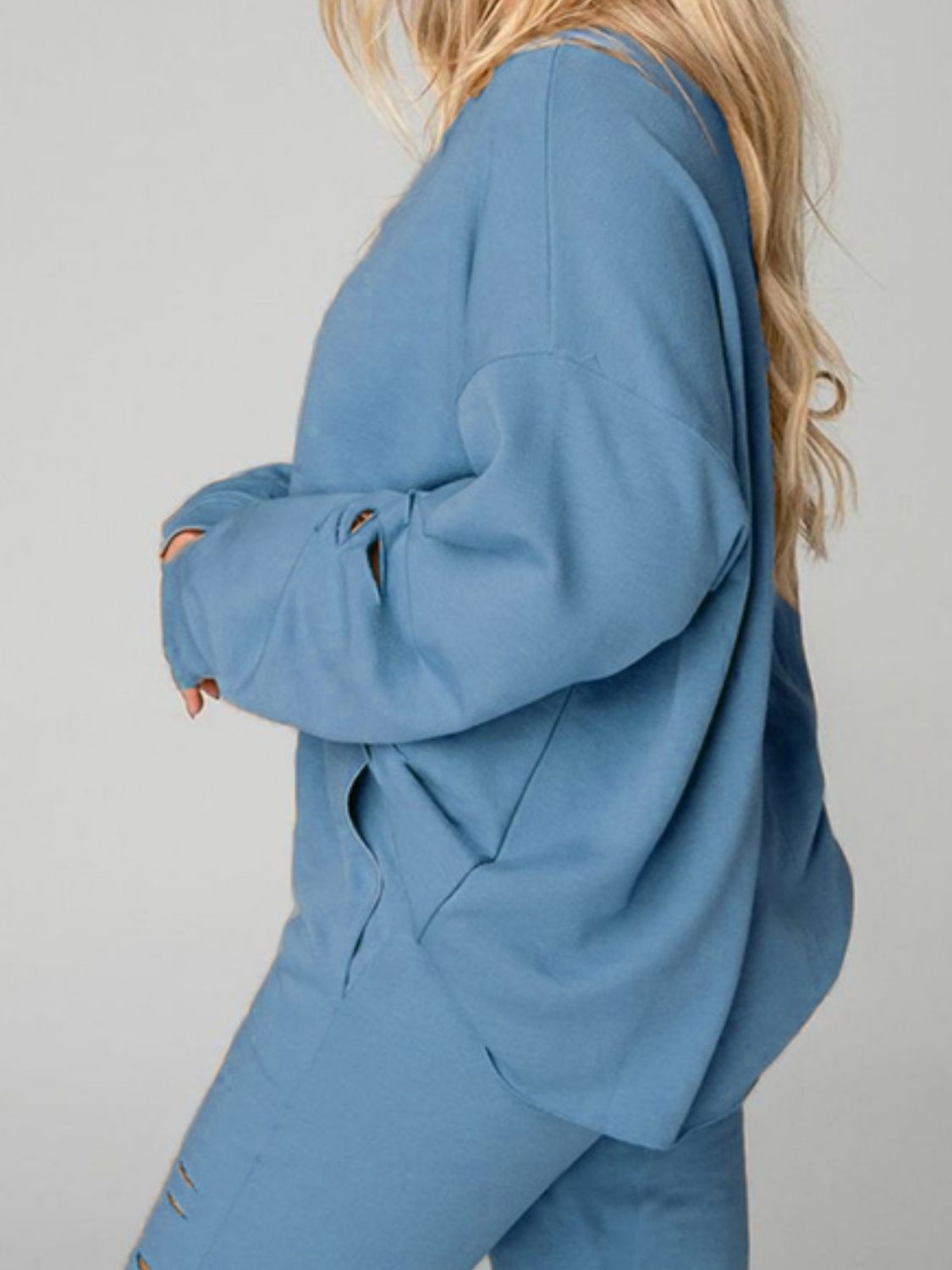 Distressed Sweatshirt and Joggers Set blue side view