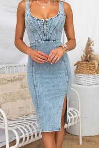 Side Slit Washed Scoop Neck Denim Dress blue front view up close