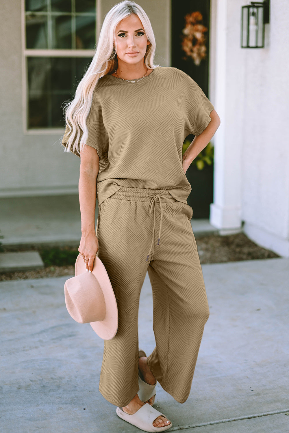 Waffle Texture Short Sleeve Top and Pants Set tan front view styled