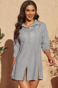 Button-up grey linen Shirt front view button closure