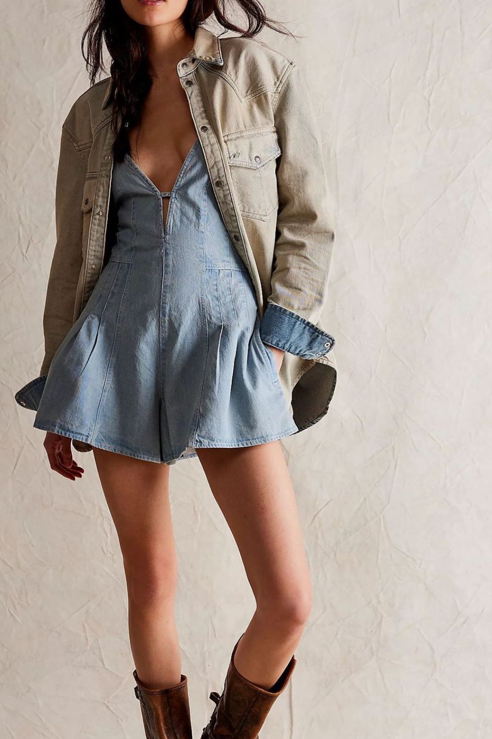 Backless Crisscross Denim Romper front view styled pocket detail