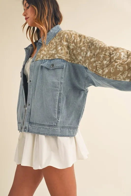 Quilted Paisley Print Denim Jacket side view styled