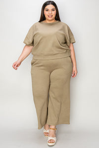 Waffle Texture Short Sleeve Top and Pants Set tan front view plus size styled