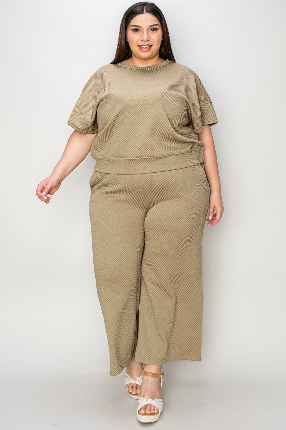 Waffle Texture Short Sleeve Top and Pants Set tan front view plus size styled