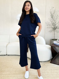 Waffle Texture Short Sleeve Top and Pants Set blue front view pants view