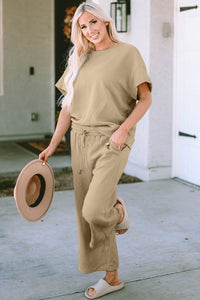 Waffle Texture Short Sleeve Top and Pants Set tan front view