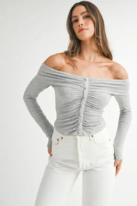 Off-Shoulder Long Sleeve Blouse front view button detail