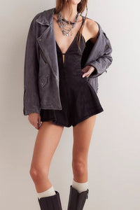 Backless Crisscross Denim Romper front view dark black denim styled