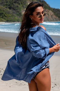 Button-up blue linen Shirt back view