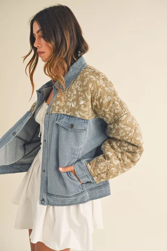 Quilted Paisley Print Denim Jacket side view styled pocket