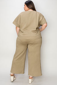 Waffle Texture Short Sleeve Top and Pants Set tan back view plus size styled