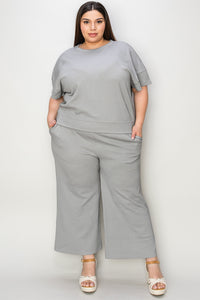 Waffle Texture Short Sleeve Top and Pants Set grey front view plus size