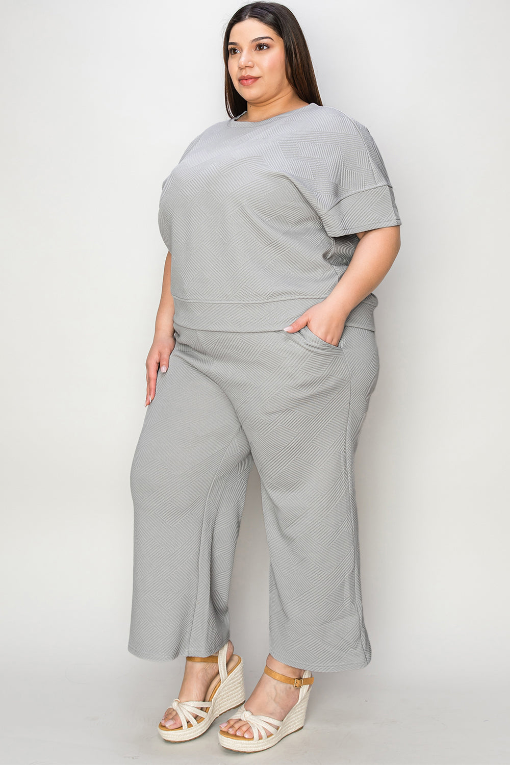 Waffle Texture Short Sleeve Top and Pants Set grey front side view plus size