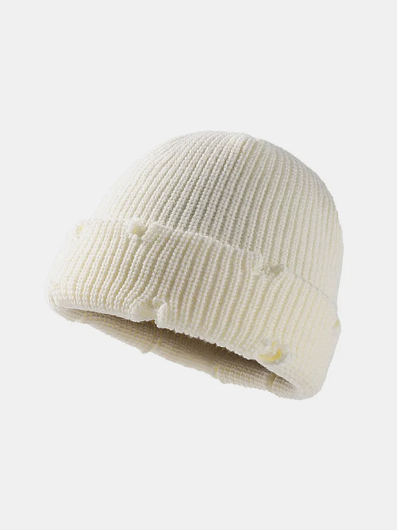 Distressed Cuffed Knit Hat white