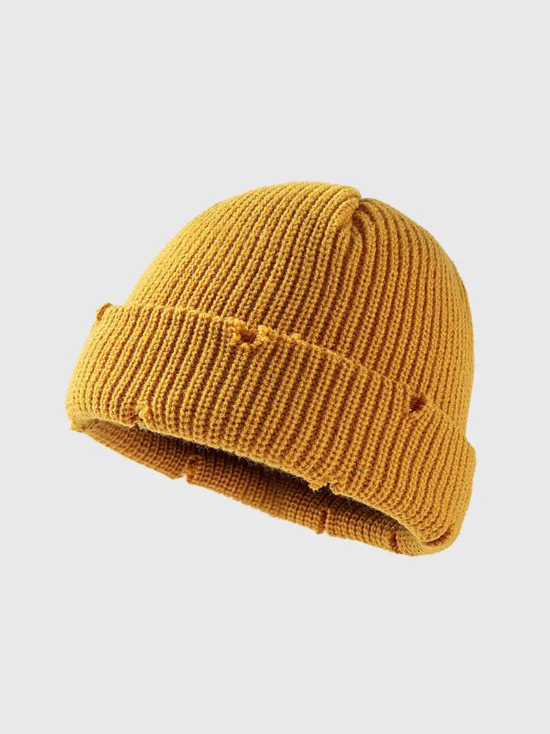 Distressed Cuffed Knit Hat yellow