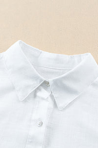 Button-up white linen Shirt front collar view