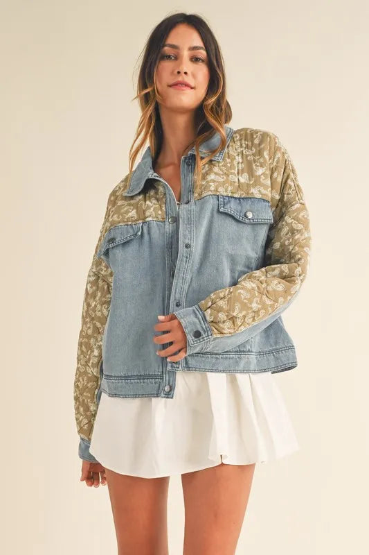 Quilted Paisley Print Denim Jacket front view styled