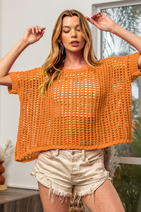Hollowed Out Short Sleeve Knit Cover Up orange front view