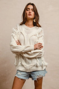 Faux Fur Detailed Pointelle Cable Knit Sweater model front view