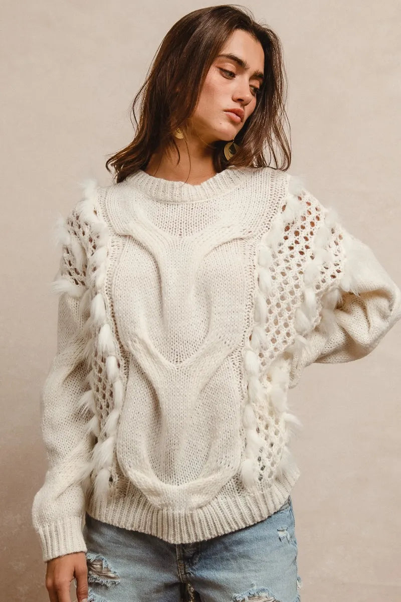 Faux Fur Detailed Pointelle Cable Knit Sweater front view styled