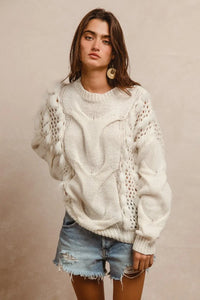 Faux Fur Detailed Pointelle Cable Knit Sweater white model front view