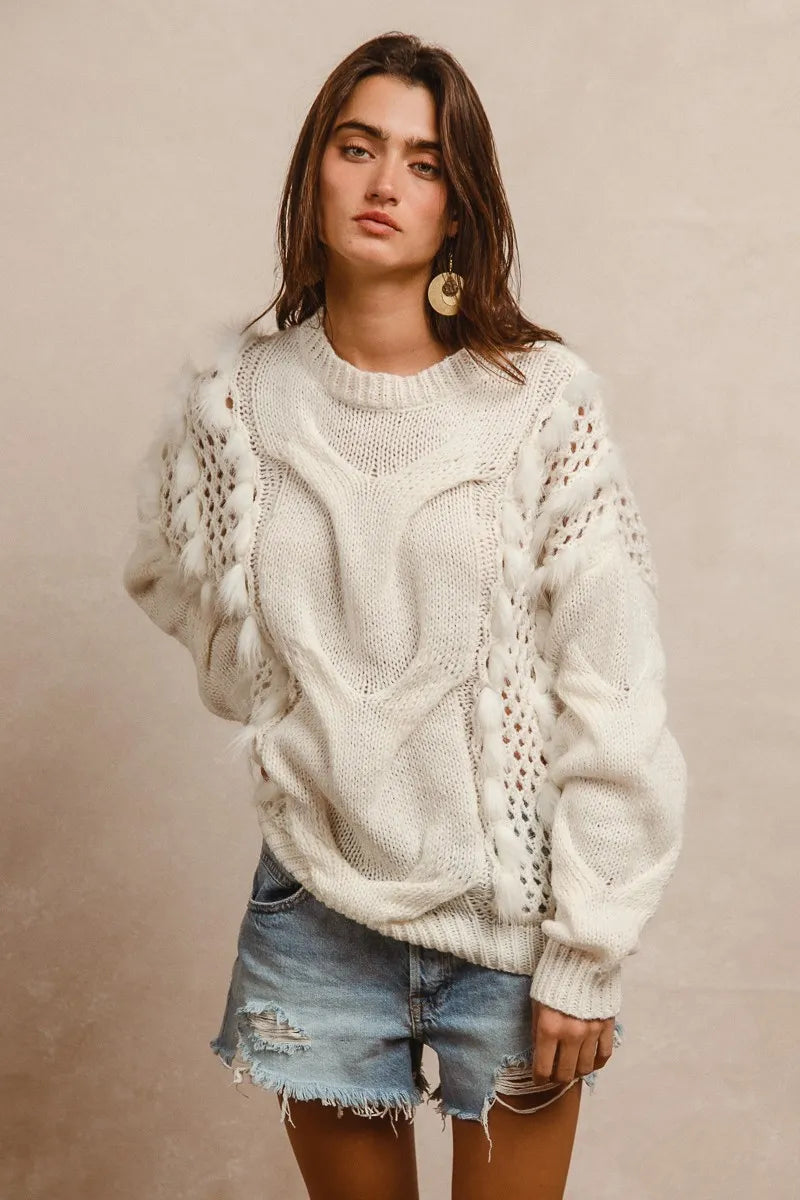 Faux Fur Detailed Pointelle Cable Knit Sweater white model front view