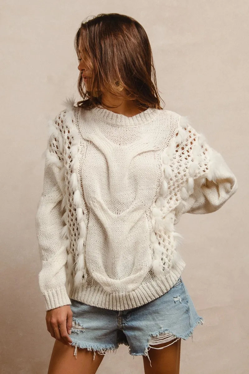 Faux Fur Detailed Pointelle Cable Knit Sweater model side view