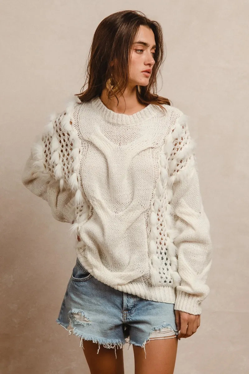 Faux Fur Detailed Pointelle Cable Knit Sweater white