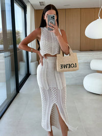 Knit Top and Slit Skirt Sweater Set beige styled