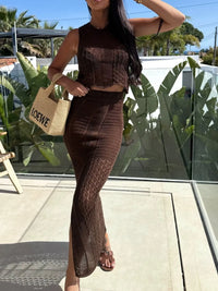 Knit Top and Slit Skirt Sweater Set brown model view