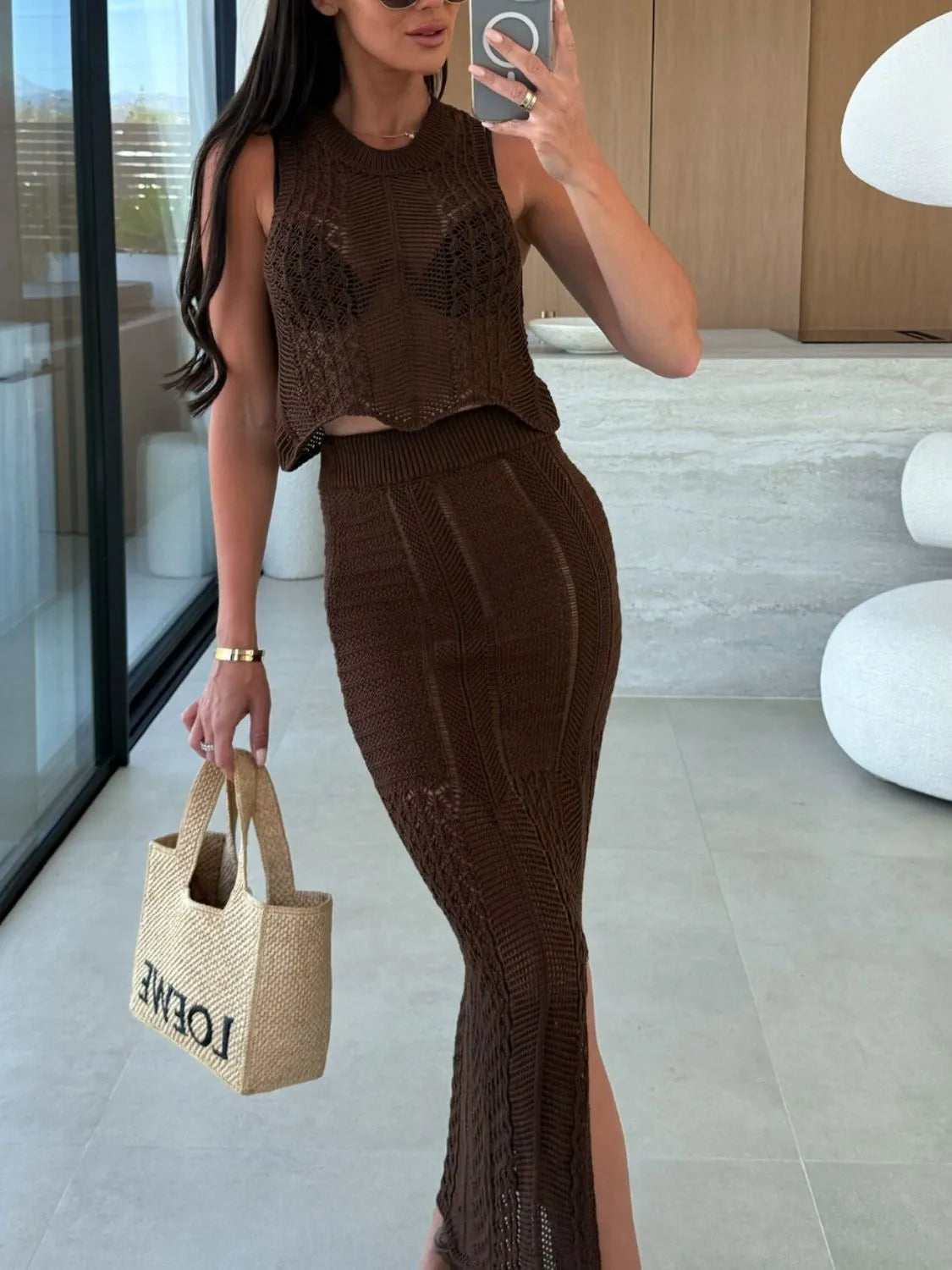 Knit Top and Slit Skirt Sweater Set brown styled