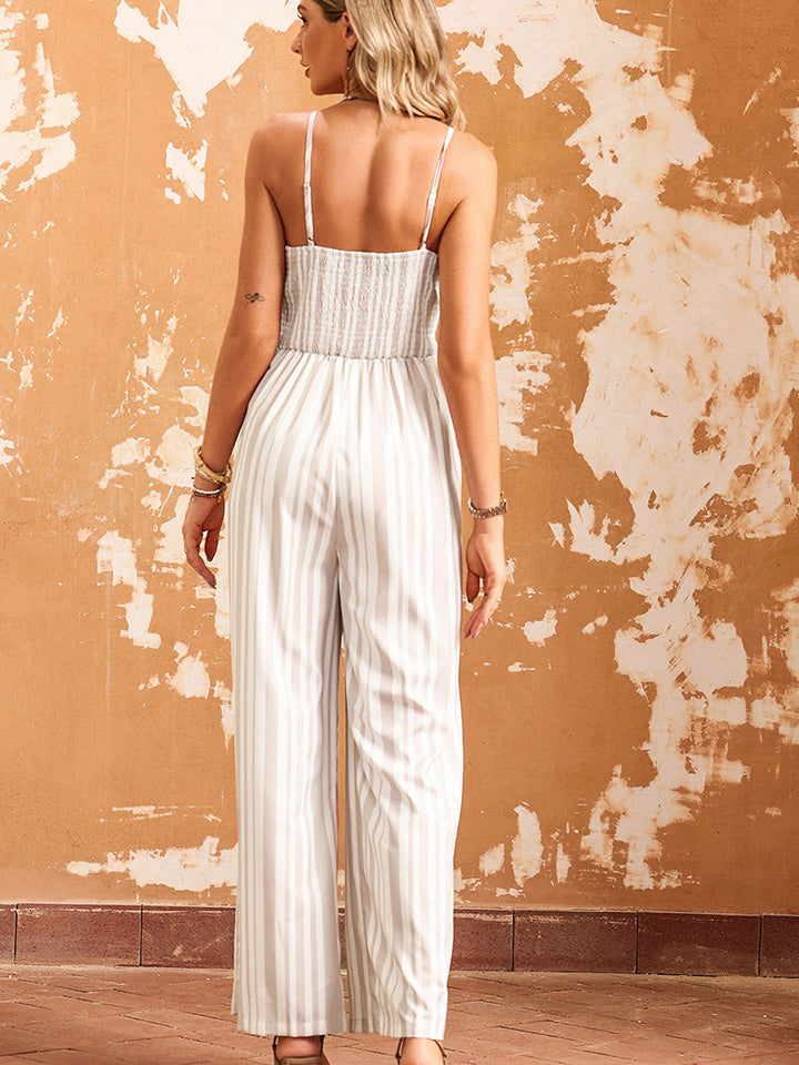 Tie Front Wide Leg Jumpsuit white back view
