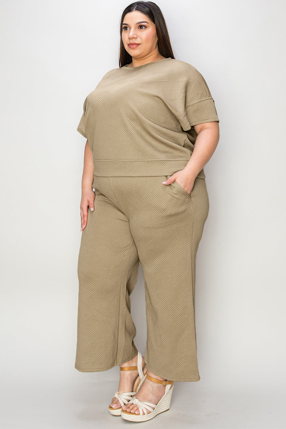 Waffle Texture Short Sleeve Top and Pants Set tan side view plus size styled