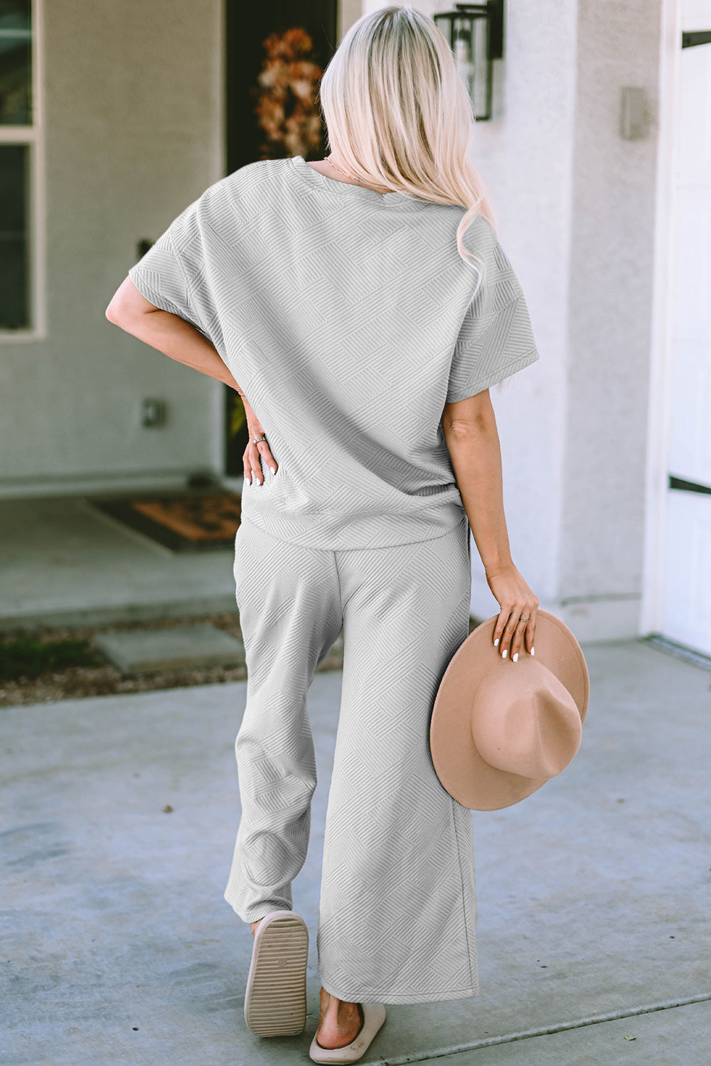 Waffle Texture Short Sleeve Top and Pants Set grey back view