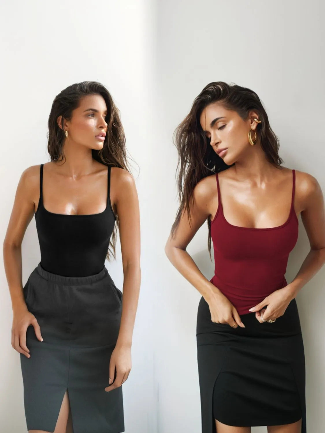 Square Neck 2 Piece Cami black and red front view