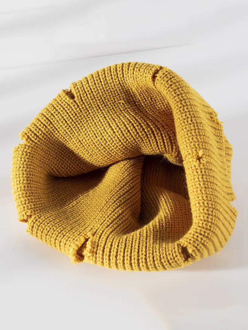Distressed Cuffed Knit Hat yellow inside