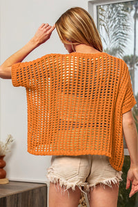 Hollowed Out Short Sleeve Knit Cover Up orange back view