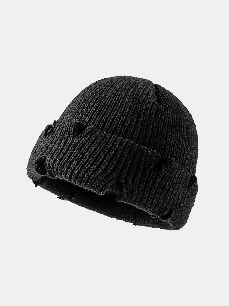 Distressed Cuffed Knit Hat black